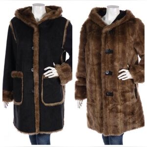 Dennis Basso Chocolate Brown Faux Suede Hooded Faux Fur Lined Reversible